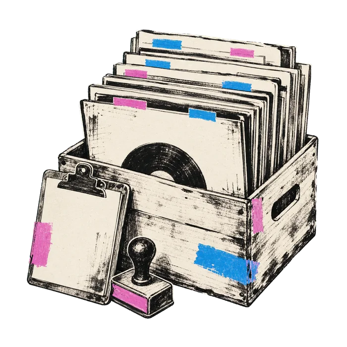Sketch illustration of a crate containing an organized label catalogue