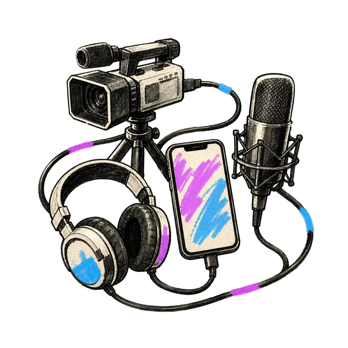 Sketch camera, phone, microphone, and headphones connected by cables
