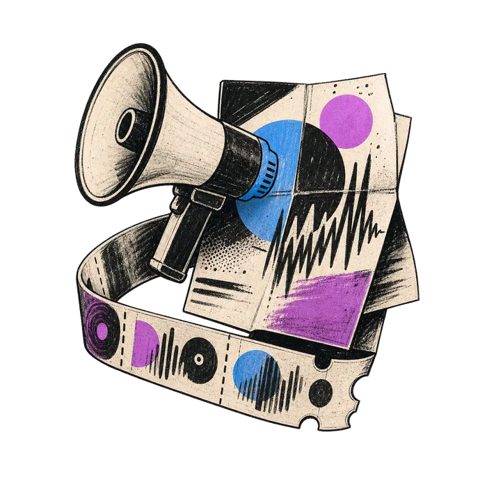 Sketch illustration of a megaphone, campaign poster, and music ticket