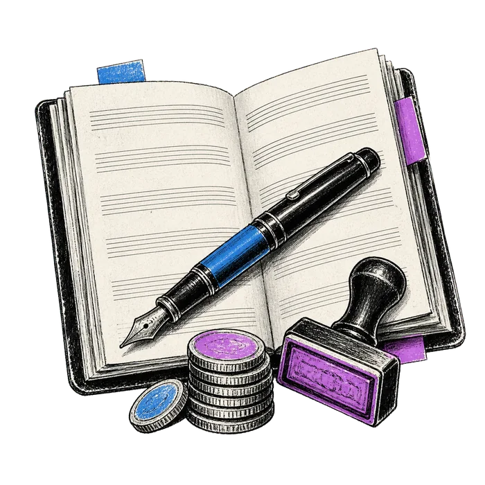 Sketch illustration of a composition book, pen, royalty coins, and registration stamp