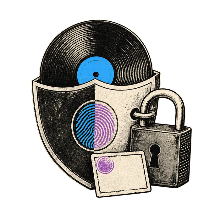 Sketch record inside a shield with fingerprint, lock, and evidence card